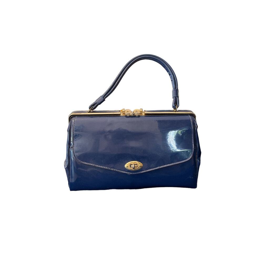 Navy Patent Leather Top Handle Vintage Bag